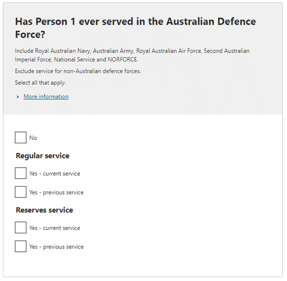 Has the person ever served in the Australian Defence Force?