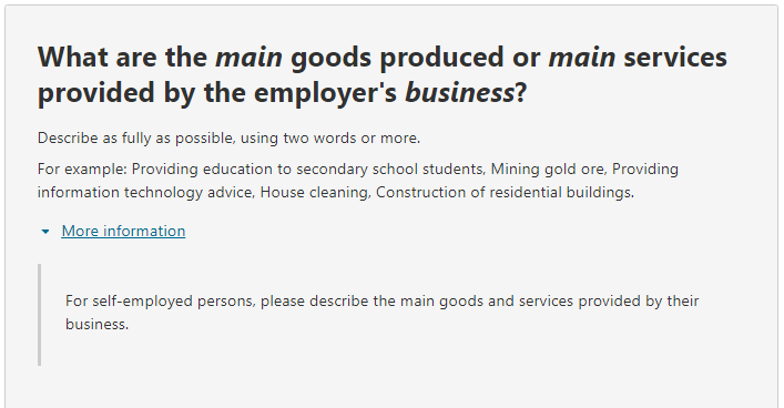 Additional information relating to the question on: What are the main goods produced or main services provided by the employer’s business? 