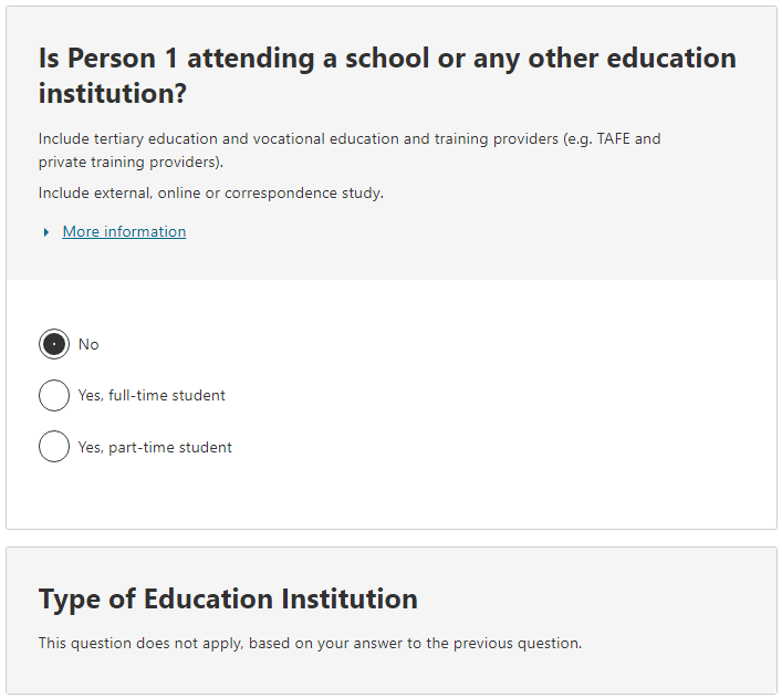 Educational institution attendee status example - 'no' response selected