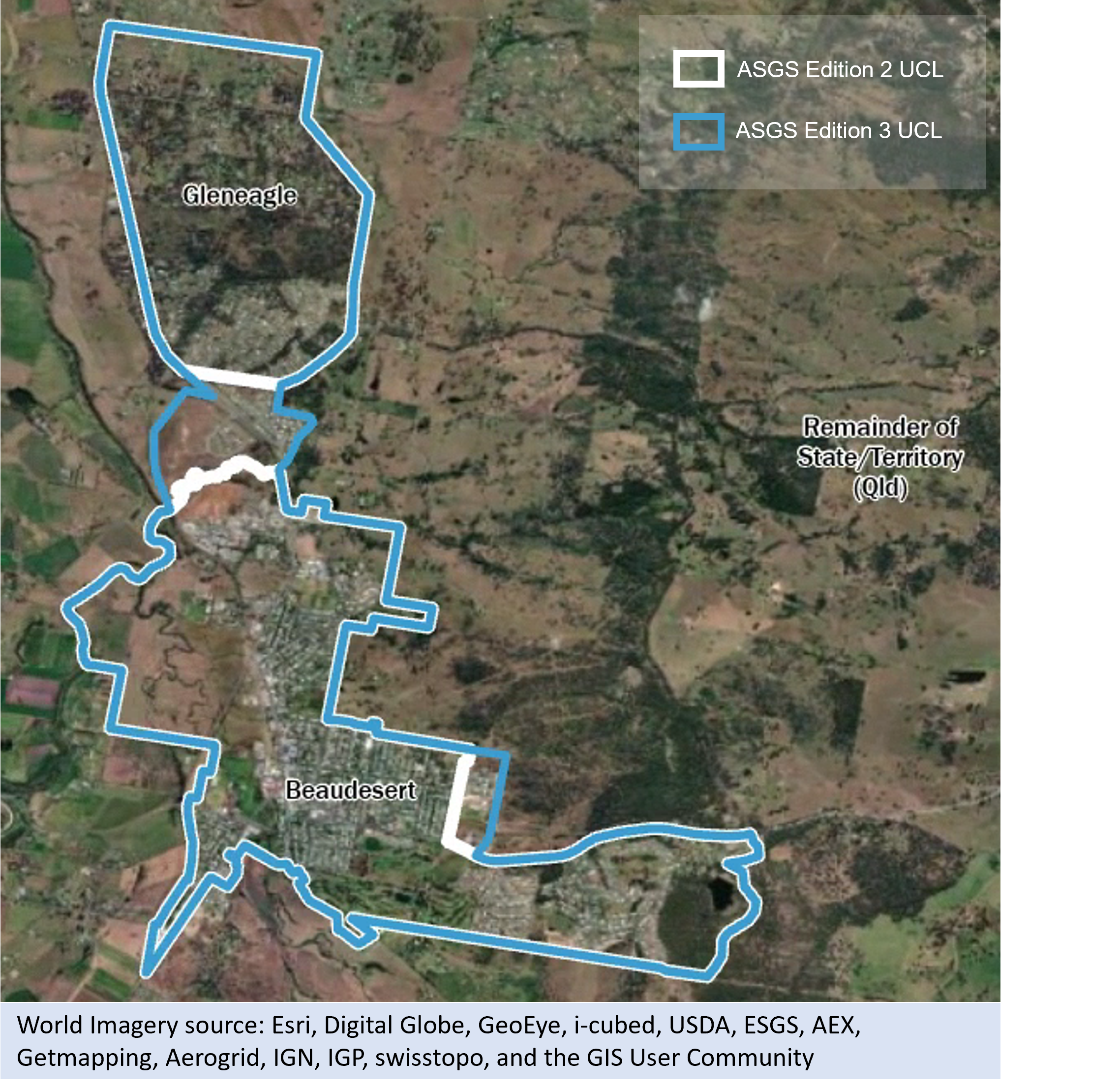 Picture showing aerial satellite imagery of Beaudesert and Gleneagle in Queensland. Image shows the Edition 2 (2016) Beaudesert and Gleneagle UCLs boundary in white, and for Edition 3 (2016) in blue.