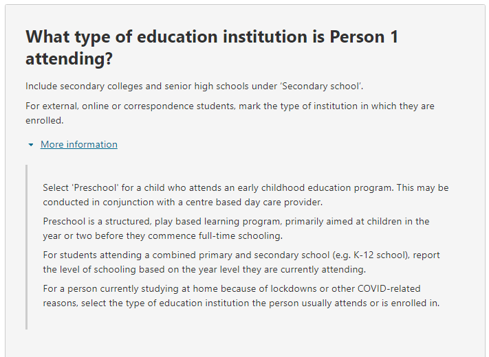 Additional information relating to the question on: What type of education institution is the person attending? 