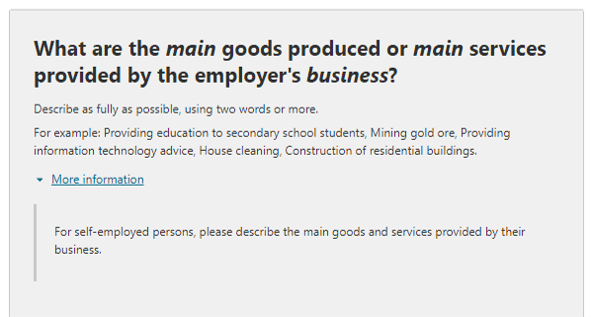 Additional information relating to the question on: What are the main goods produced or main services provided by the employer’s business? 