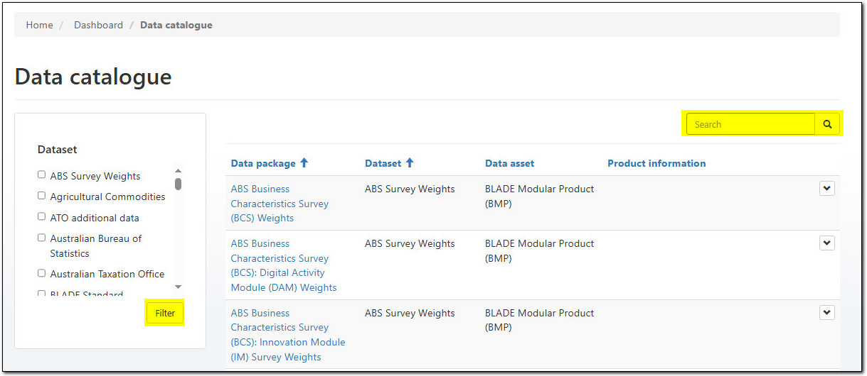 Highlighting the filter and search features of the data catalogue