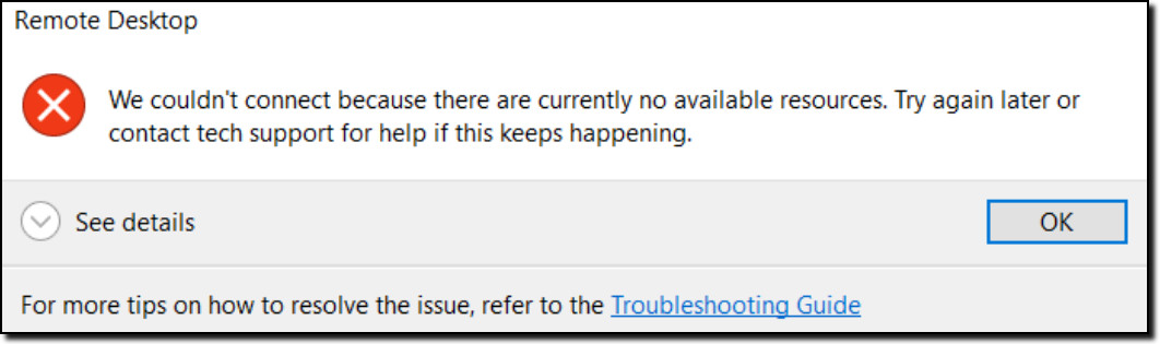 Remote desktop error message