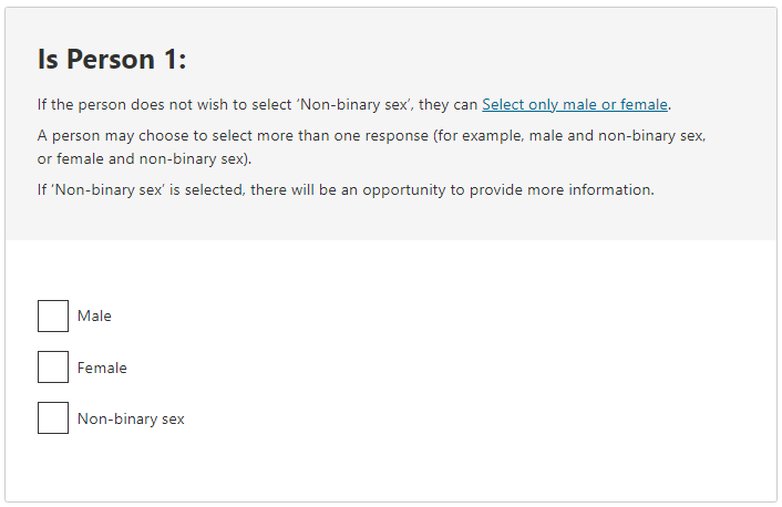 Is the person: Male; Female; Non-binary sex