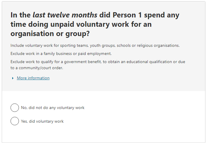 In the last twelve months did the person spend any time doing unpaid voluntary work for an organisation or group? 