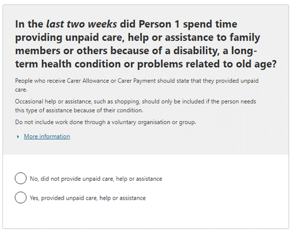 In the last two weeks did the person spend time providing unpaid care, help or assistance to family members or others because of a disability, a long-term health condition or problems related to old age?