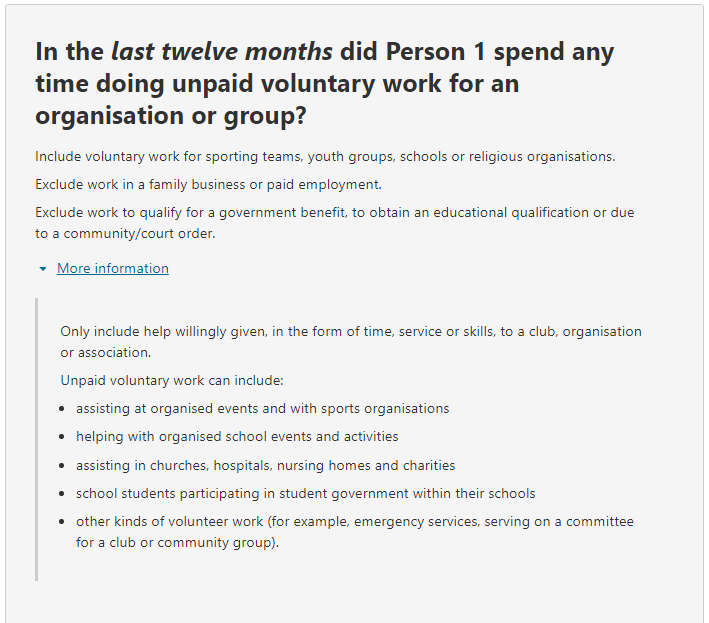 Additional information relating to the question on: In the last twelve months did Person 1 spend any time doing unpaid voluntary work for an organisation or group?
