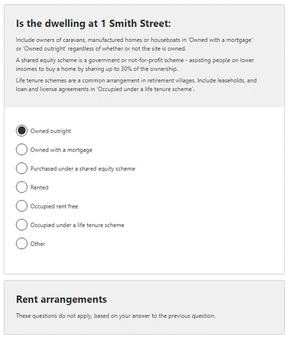 Rent affordability indicator example - owned outright response selected