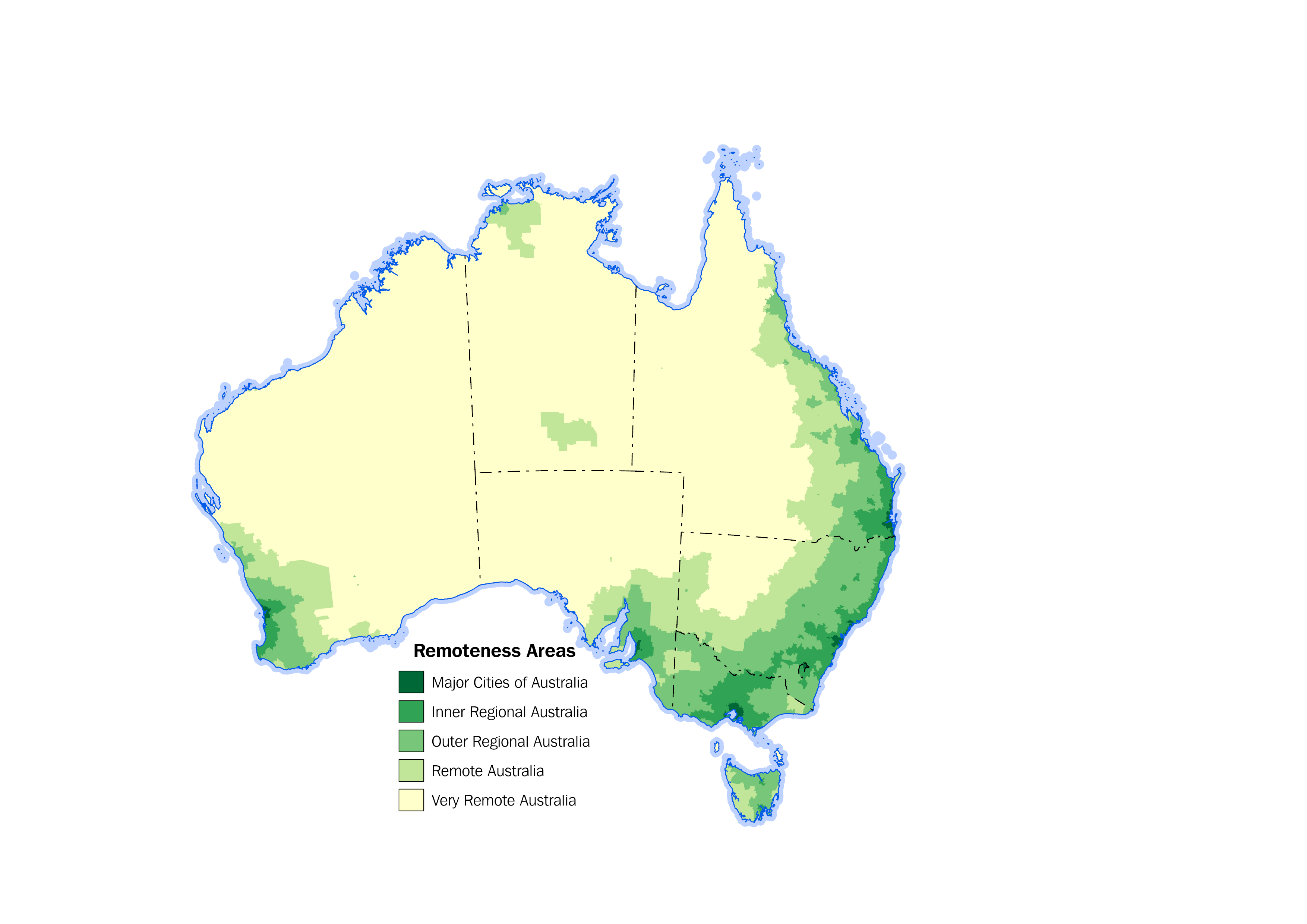 Map detailing the five different Remoteness Area classes. The map shows areas shaded in light to dark green colours, to demonstrate Very Remote Australia, Remote Australia, Outer Regional Australia, Inner Regional Australia and Major Cities of Australia respectively.