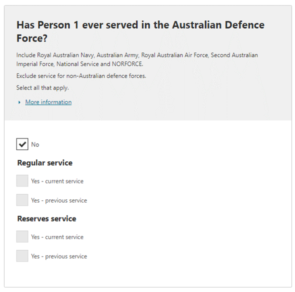Australian Defence Force service, detailed example - "no" response selected