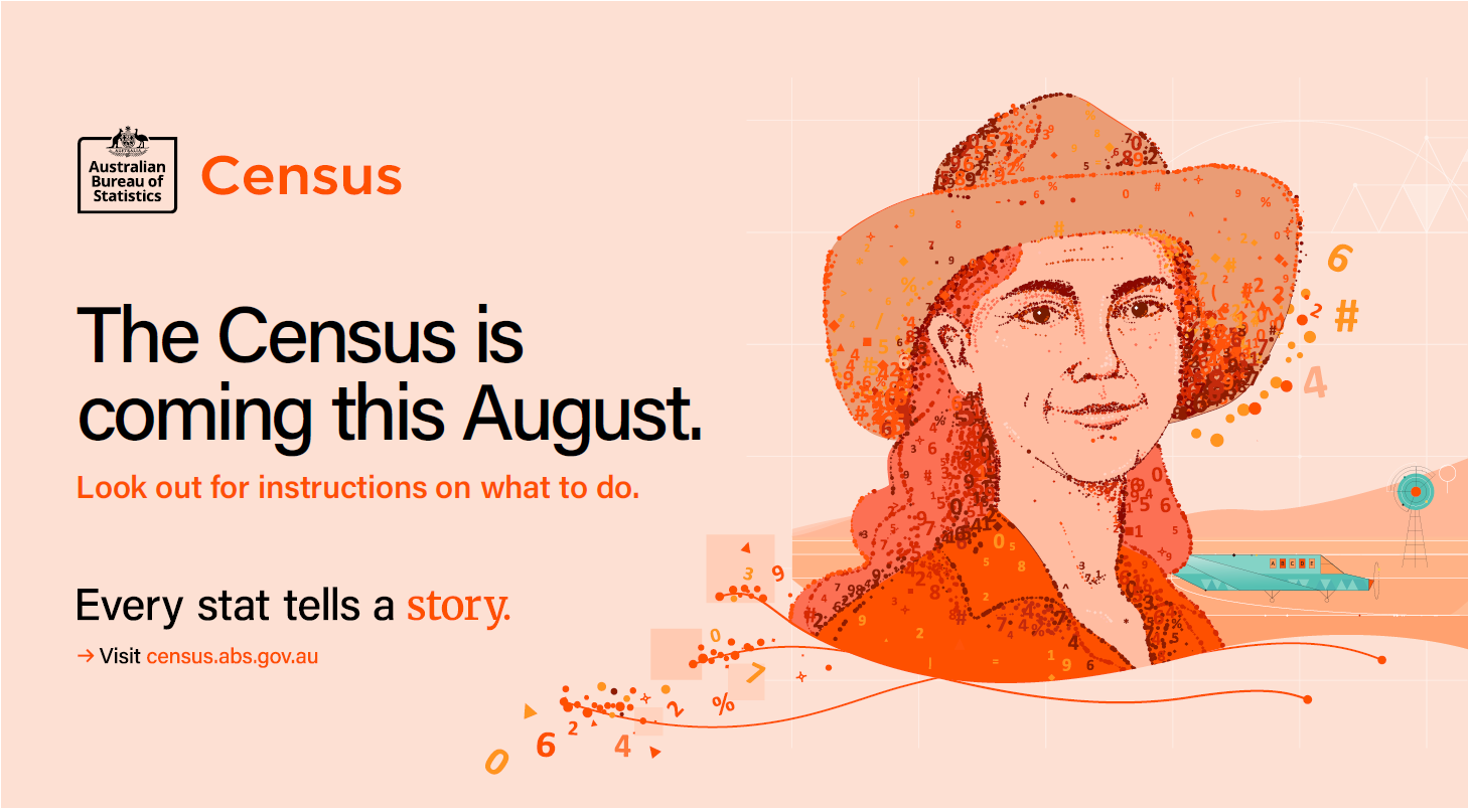 Promotional material including image of person with wide brimmed hat with numbers included in the design. Text includes: The Census is coming this August. Look out for instructions on what to do. Every stat tells a story. Visit census.abs.gov.au