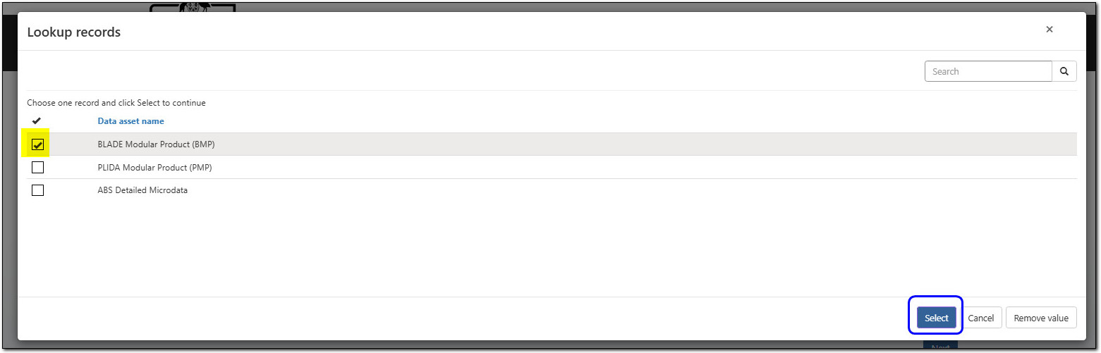Data asset select button location