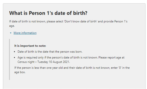 Additional information relating to the question on: What is the person’s date of birth and age?