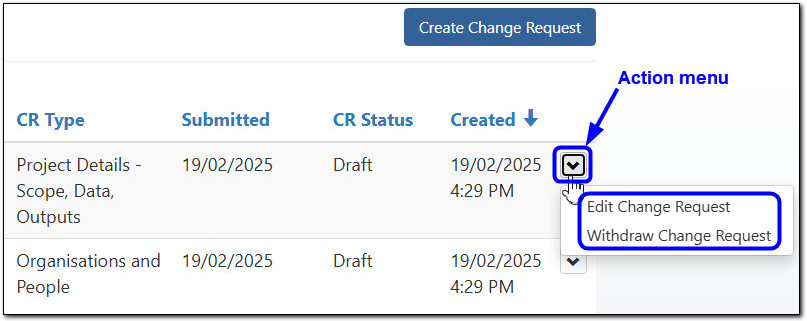 Action menu on Change request drafts
