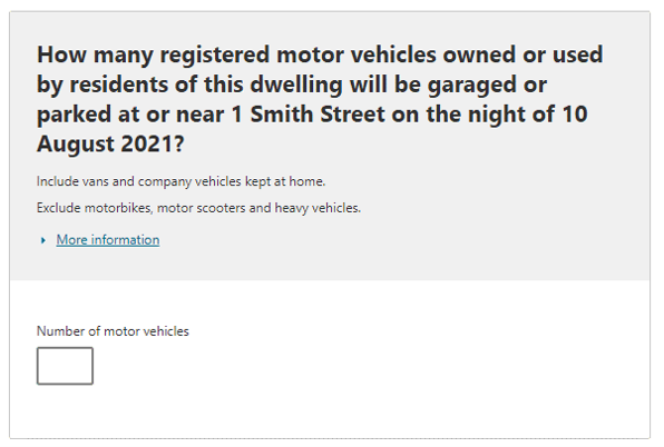 How many registered motor vehicles owned or used by residents of this dwelling were garaged or parked at or near this dwelling on the night of Tuesday 10 August 2021? 