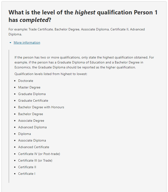 Additional instructions relating to the question on: What is the level of the highest qualification the person has completed? 