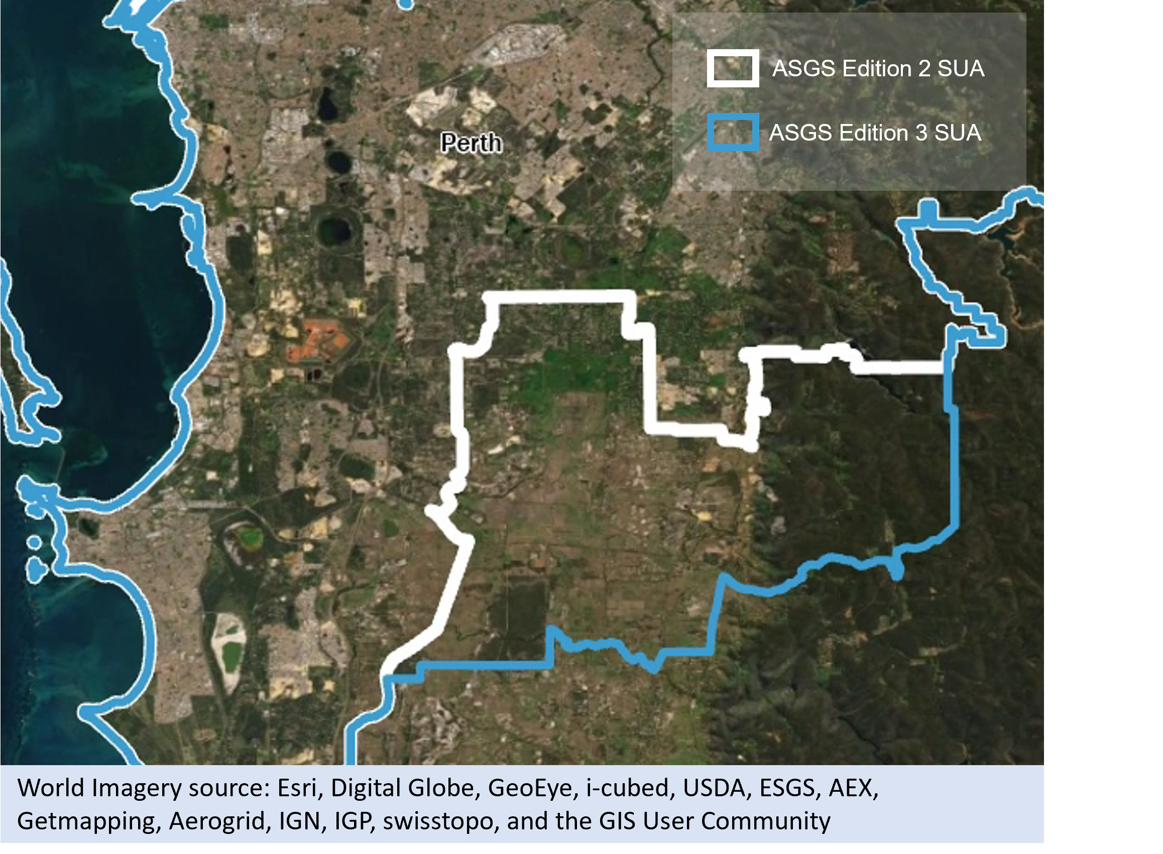 Picture showing aerial satellite imagery of Perth. Image shows the Edition 2 (2016) Perth SUA boundary in white, with the Edition 3 (2021) boundary in blue. 