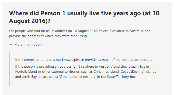 Additional information relating to the question on: Where did the person usually live five years ago (at 10 August 2016)?
