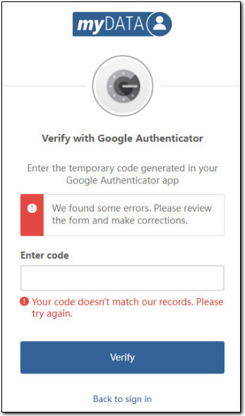 Image shows the verify with authenticator error when entering an incorrect code. User is required to use the code from the authenticator app. 