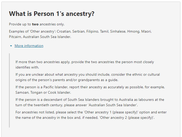 Additional information relating to the question on: What is the person’s ancestry?