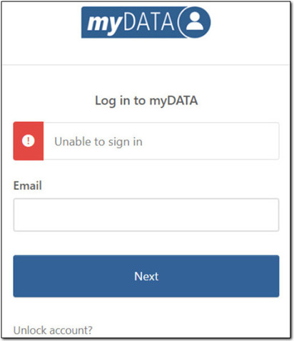 Image shows the Unable to sign in error. Users are required to complete activation steps before accessing myDATA.
