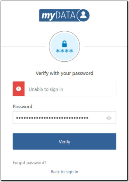 Image shows the error "Unable to sign in" and displays to the user when the account is locked. 