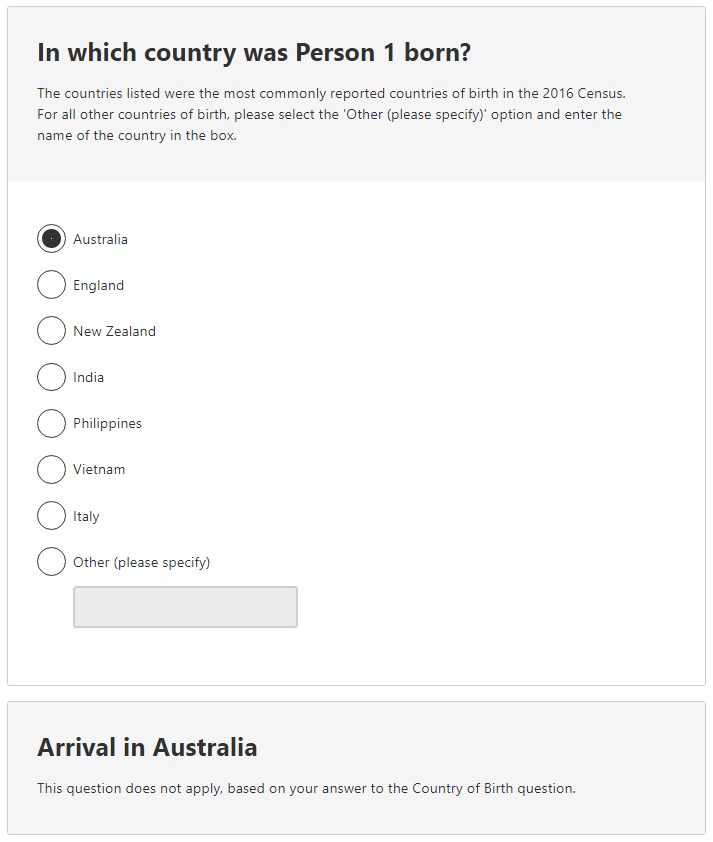 Example response to the question: In which country was the person born? Australia option selected.