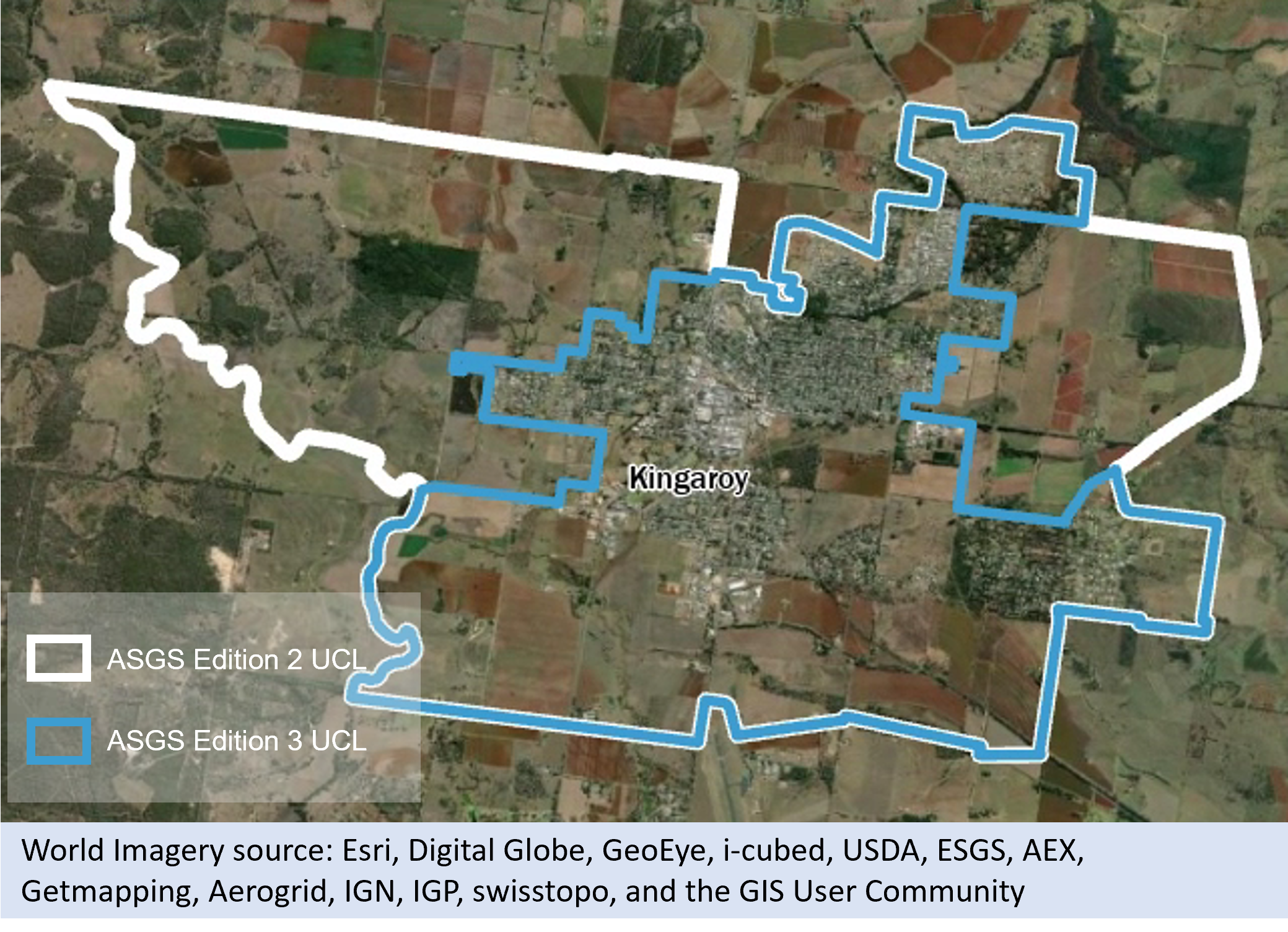 Picture showing aerial satellite imagery of Kingaroy in Queensland. Image shows the Kingaroy UCL boundary for Edition 2 (2016) in white, and for Edition 3 (2016) in blue. 