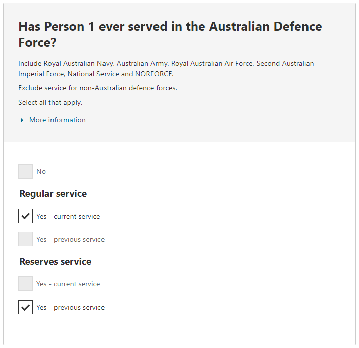 Australian Defence Force service example - Regular Service 'Yes - current service' and Reserve Service 'Yes - previous service' options selected.