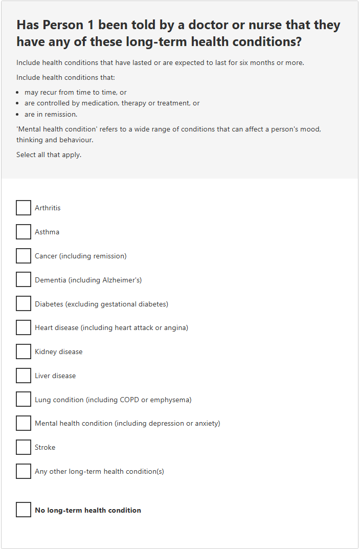 Has the person been told by a doctor or nurse that they have any of these long-term health conditions?