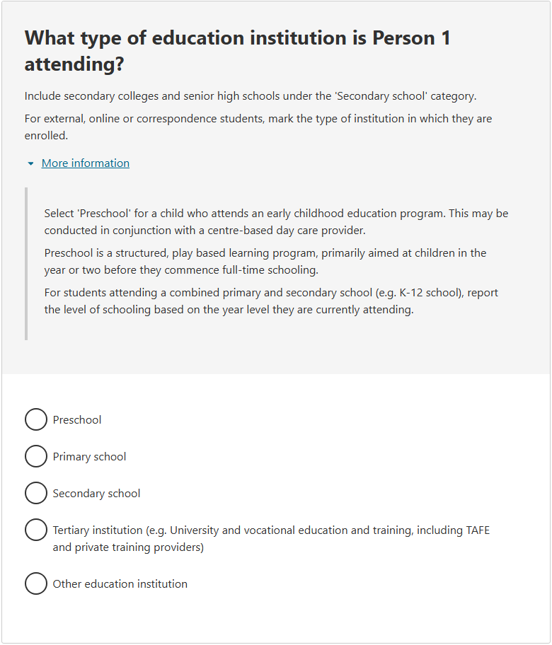 This image shows a question from the 2026 Census online form. This question asks: What type of education institution is Person 1 attending?