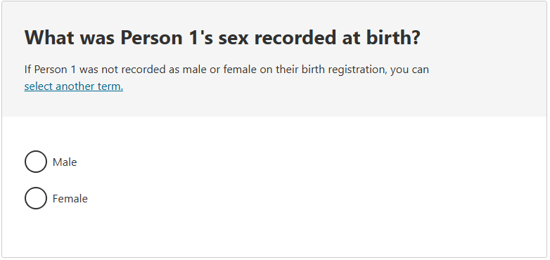 This image shows a question from the 2026 Census online form. This question asks: What was Person 1’s sex recorded at birth?