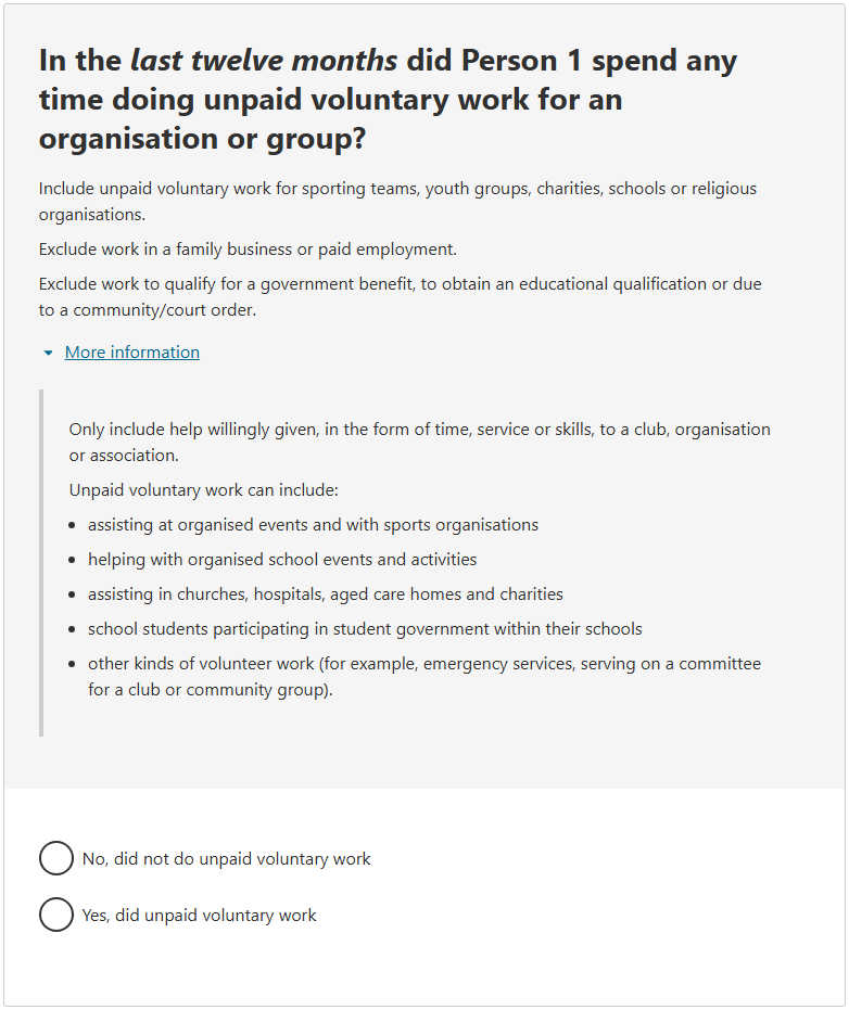 This image shows a question from the 2026 Census online form. This question asks: In the last twelve months did Person 1 spend any time doing unpaid voluntary work for an organisation or group? 