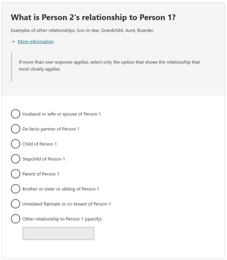 This image shows a question from the 2026 Census online form. This question asks: What is Person 2's relationship to Person 1? 