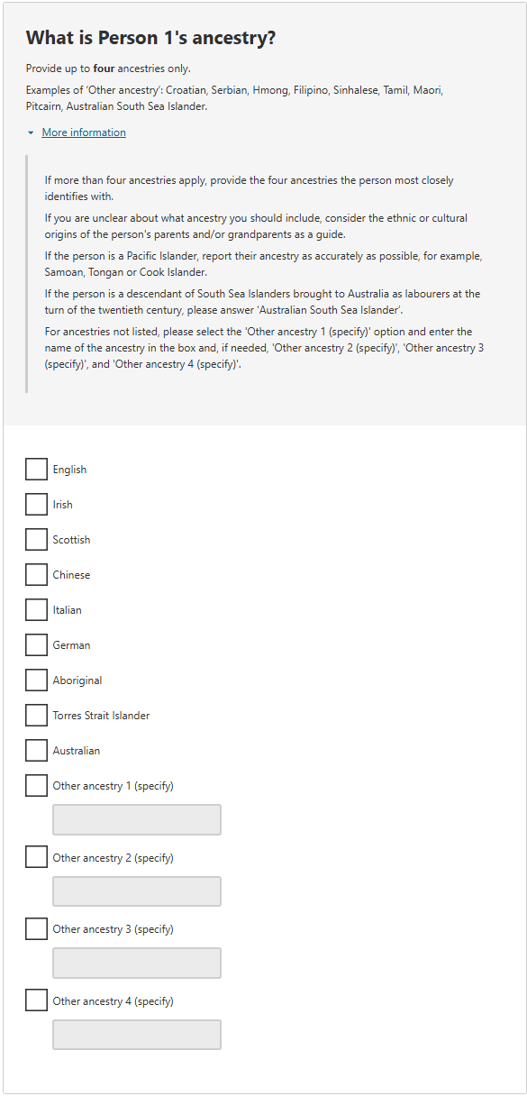 This image shows a question from the 2026 Census online form. This question asks: What is Person 1’s ancestry? 
