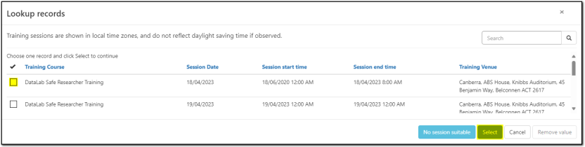 available training and selection button location