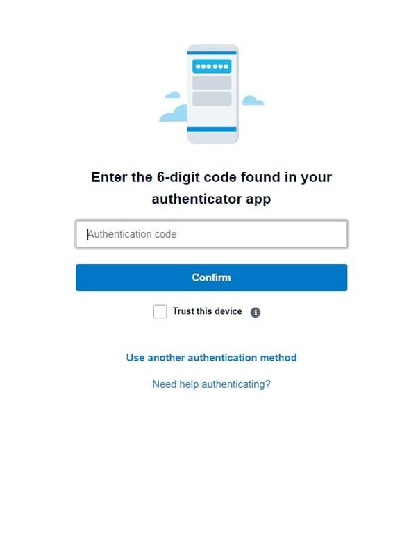 Two factor authentication screen