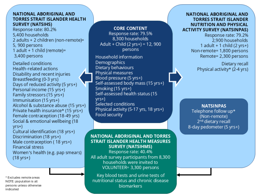 One circle in the middle of the image contains information about the core content, and two rectangles on the left and right of the circle contain information about the NATSIHS and the NATSINPAS . One rectangle at the bottom of the circle contains information on the NATSIHMS. There are arrows pointing out from the circle to the NATSIHS and NATSINPAS rectangles, and there are arrows pointing from those rectangles to the NATIHMS rectangle.