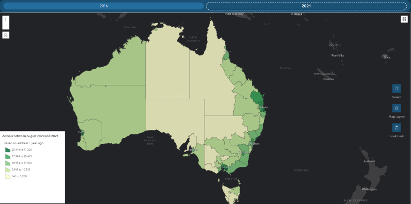 This image shows a map of Australia segmented off into different statistical areas. Across the top are two buttons for 2016 and 2021. One the left hand side, a legend for arrivals between August 2020 and 2021 is depicted with different shades of green representing the increasing number of arrivals in an area. The statistical areas on the map are different shades of green accordingly. On the right hand side are three buttons for search, map layers and bookmark.