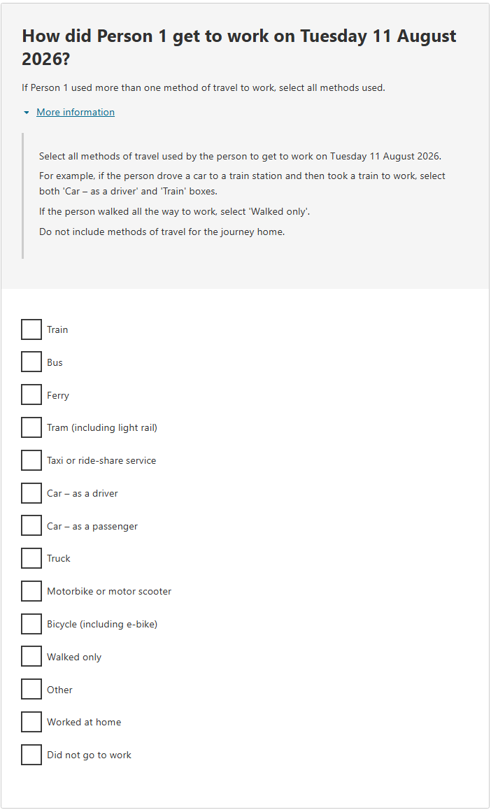 This image shows a question from the 2026 Census online form. This question asks: How did Person 1 get to work on Tuesday 11 August 2026?