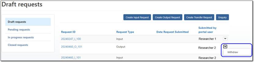 Location of withdraw request action menu