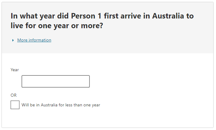 In what year did the person first arrive in Australia to live for one year or more?