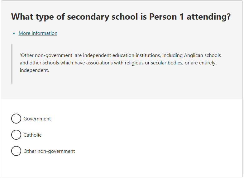 This image shows a question from the 2026 Census online form. This question asks: What type of secondary school is Person 1 attending?