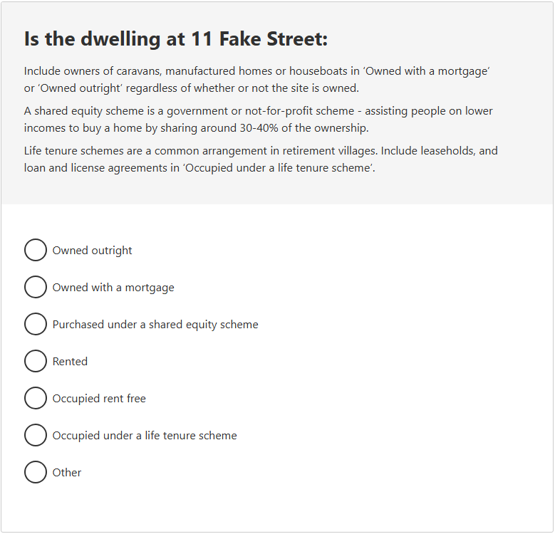 This image shows a question from the 2026 Census online form. This question asks: Is the dwelling at 11 Fake Street:  