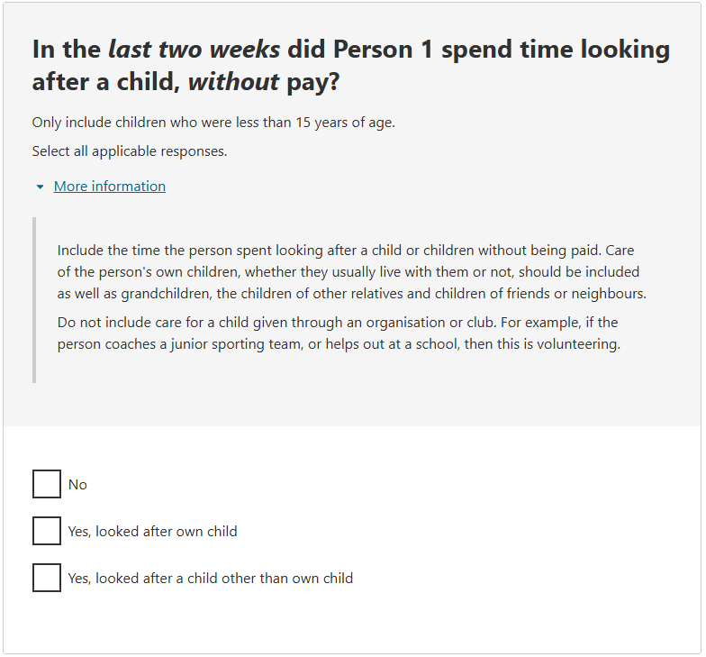 This image shows a question from the 2026 Census online form. This question asks: In the last two weeks did Person 1 spend time looking after a child, without pay?  