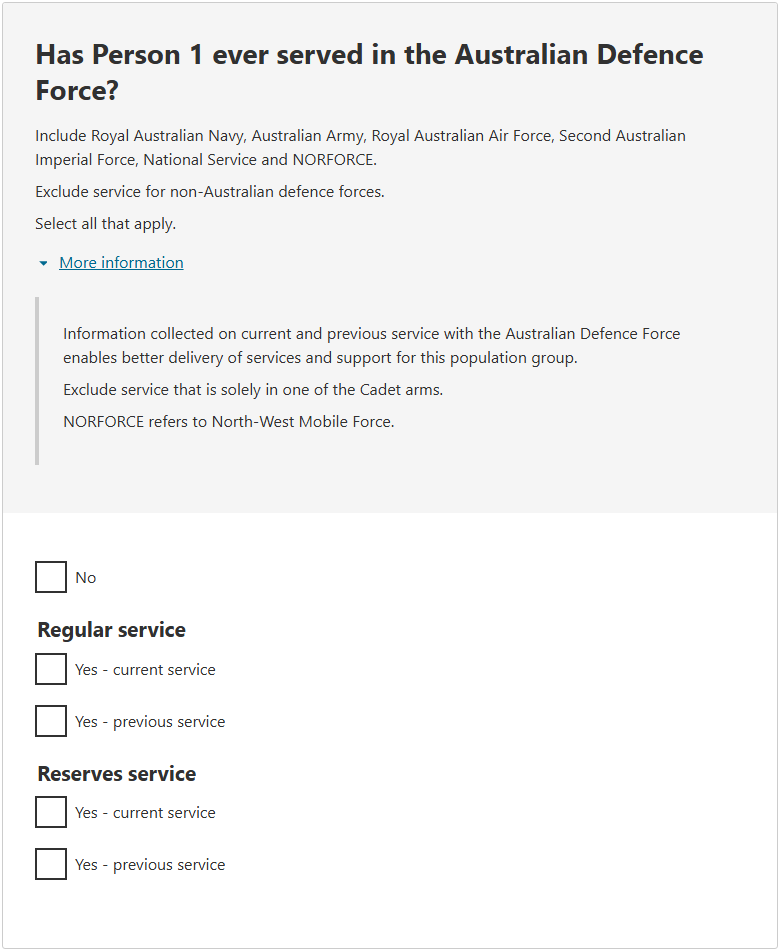 This image shows a question from the 2026 Census online form. The question asks: Has Person 1 ever served in the Australian Defence Force?