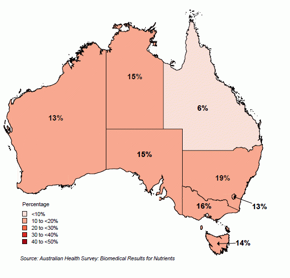 Map of Australia showing rates of Vitamin D deficiency by state in summer