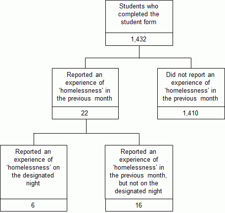Tree diagram: displays the number of students reporting experiences of homelessness in the previous month or on the designated night, as described in the above paragraph.