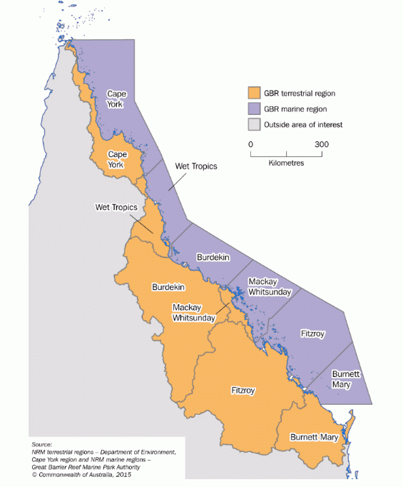 Figure 2: Terrestrial and marine regions of the Great Barrier Reef region
